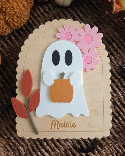 Floral Ghost Wooden Shelf Sitter - Personalised Acrylic Boo Basket Plaque