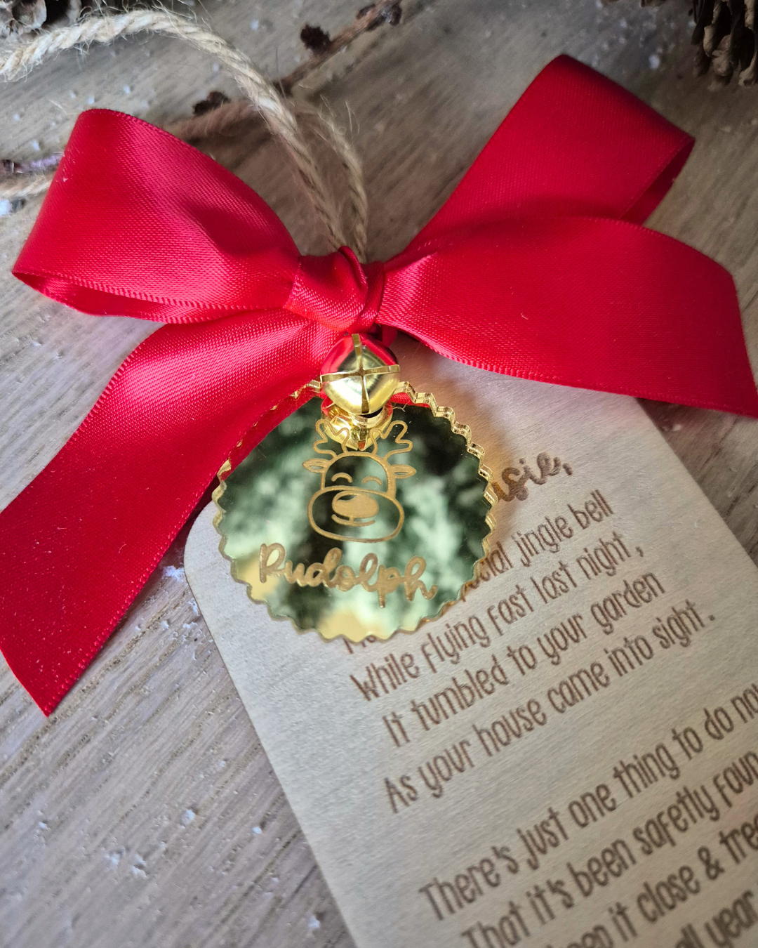 Rudolph's Lost Jingle Bell Ornament - Personalised Wooden Hanging Decoration