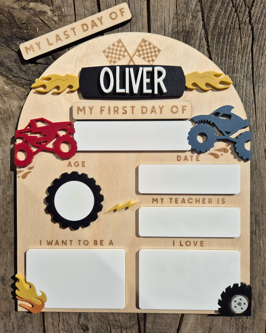 Personalised Monster Truck Back to School Board - Reusable Wooden and Acrylic Sign