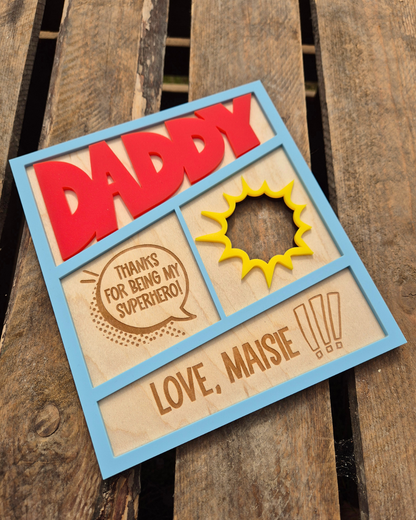 Superhero Comic Theme Photo Frame Card - Wooden and Acrylic Personalised Father's Day Gift