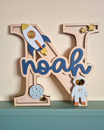 Rocket and Astronaut Monogram - Personalised Wooden and Acrylic Name Sign
