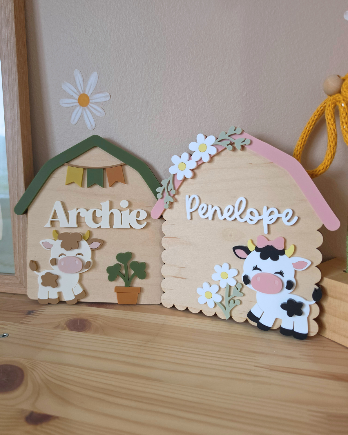 Personalised Cow Barn Name Sign - Farm-themed Nursery and Playroom Shelf Sitter and Door Sign