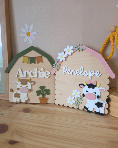 Personalised Cow Barn Name Sign - Farm-themed Nursery and Playroom Shelf Sitter and Door Sign