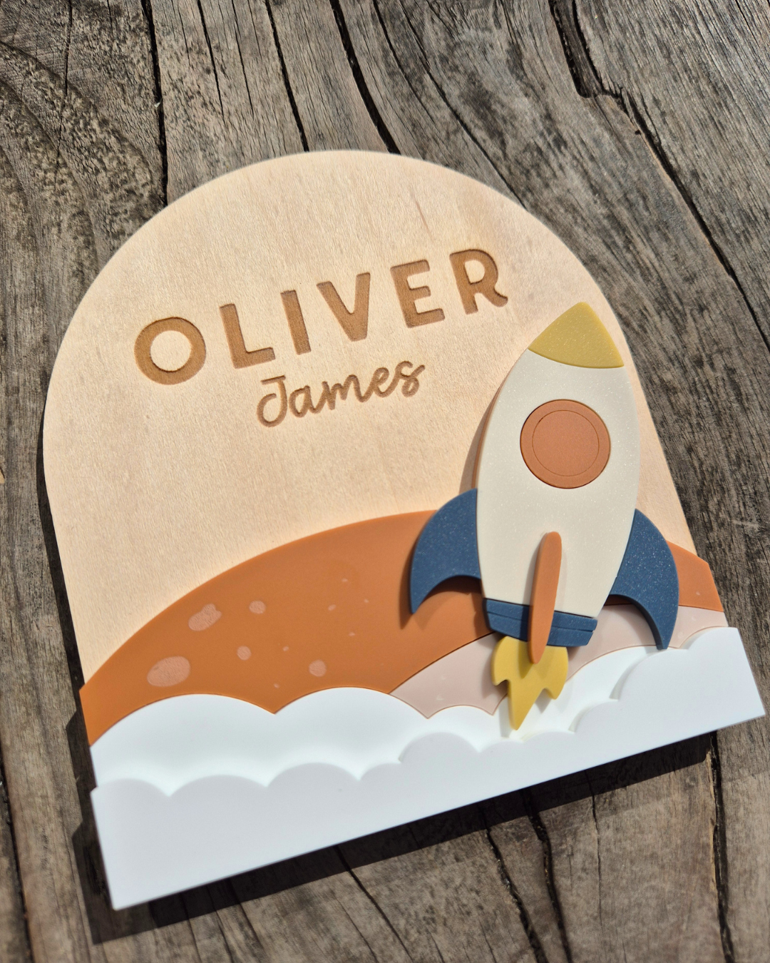Space Rocket Birth Announcement - Wooden and Acrylic Personalised Name Sign