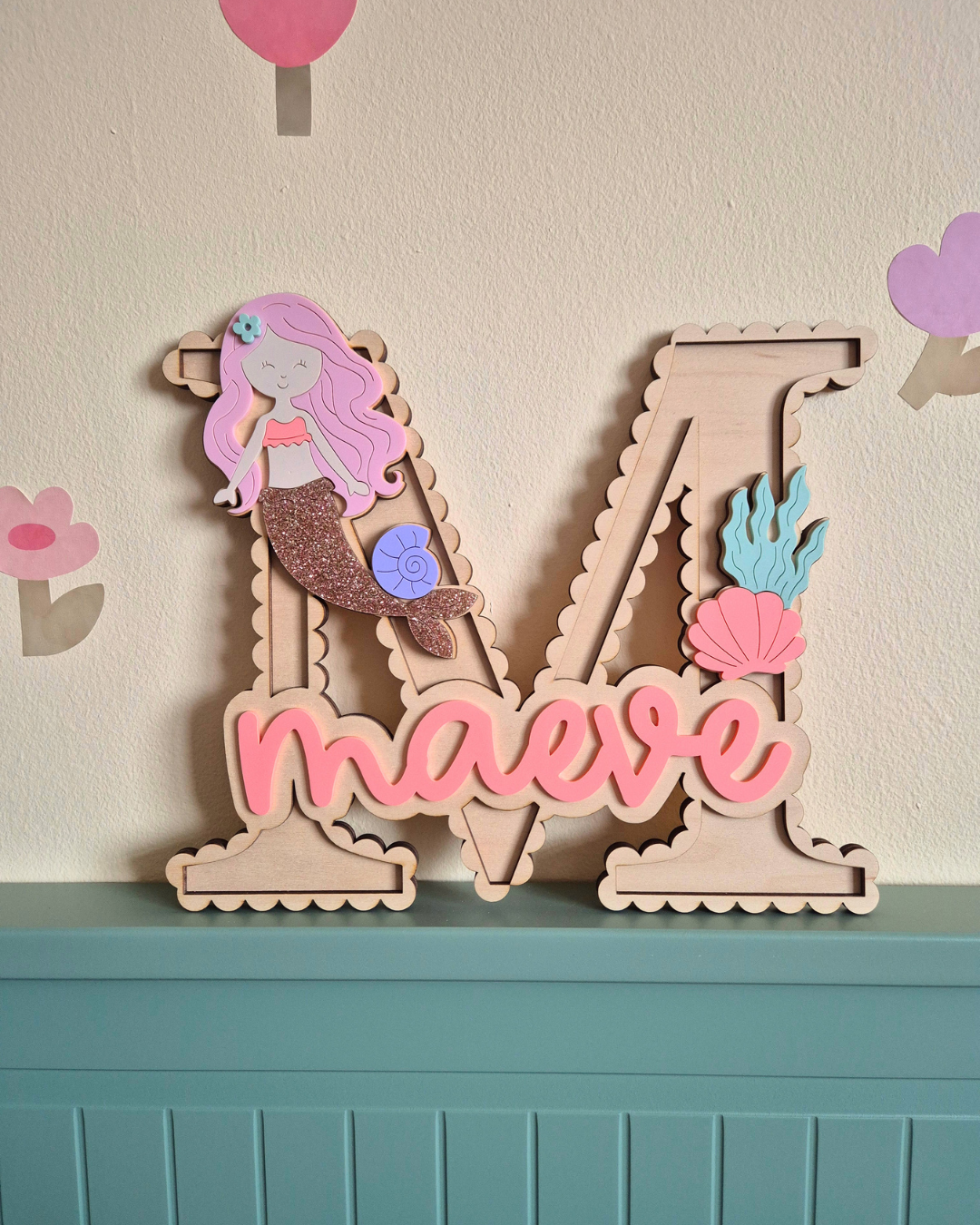 Mermaid and Shells Scallop Monogram - Personalised Wooden and Acrylic Name Sign