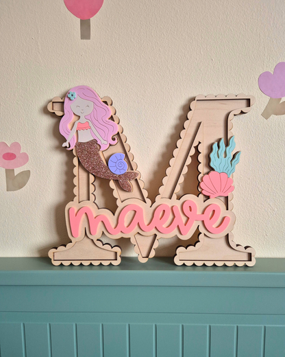 Mermaid and Shells Scallop Monogram - Personalised Wooden and Acrylic Name Sign