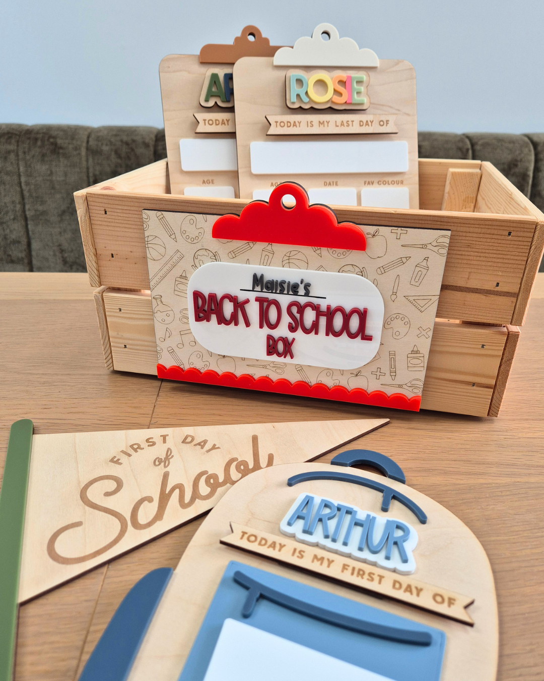 Back to School Interchangeable Plaque and Crate Set - Wooden and Acrylic Personalised Sign