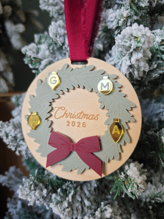 Personalised Vintage Family Monogram Wreath - Wooden and Acrylic Tree Decoration