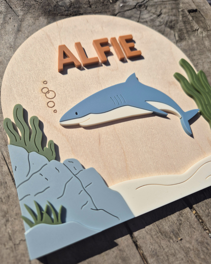 Shark Birth Announcement - Wooden and Acrylic Personalised Name Sign