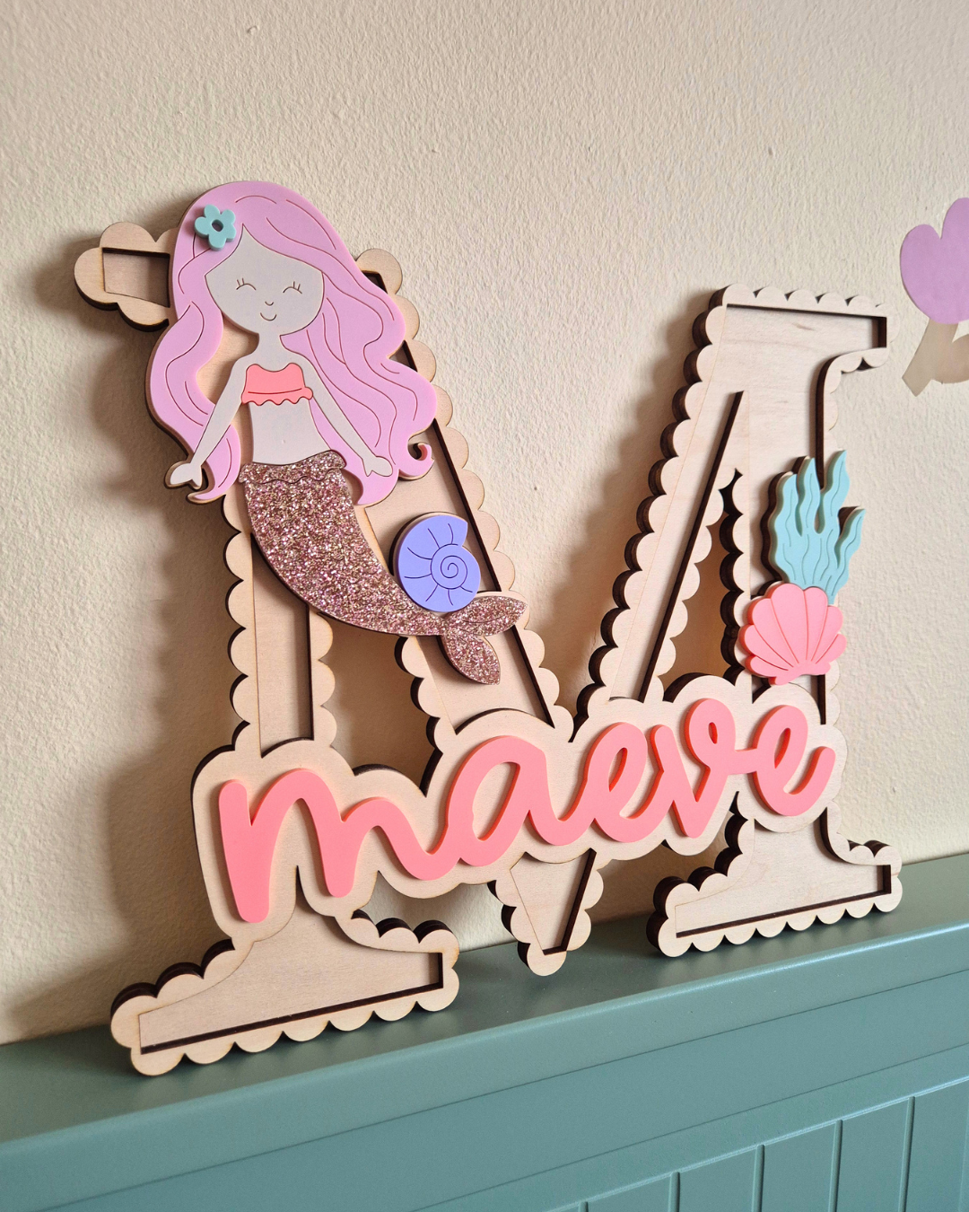 Mermaid and Shells Scallop Monogram - Personalised Wooden and Acrylic Name Sign