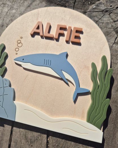 Shark Birth Announcement - Wooden and Acrylic Personalised Name Sign