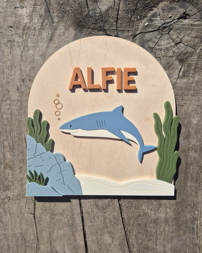 Shark Birth Announcement - Wooden and Acrylic Personalised Name Sign