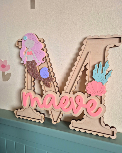 Mermaid and Shells Scallop Monogram - Personalised Wooden and Acrylic Name Sign