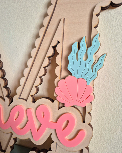 Mermaid and Shells Scallop Monogram - Personalised Wooden and Acrylic Name Sign