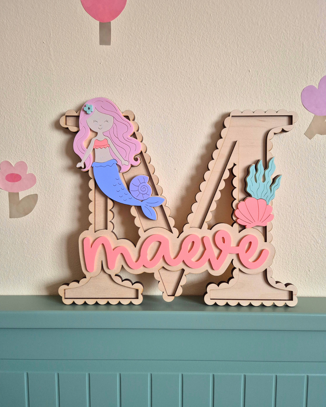 Mermaid and Shells Scallop Monogram - Personalised Wooden and Acrylic Name Sign