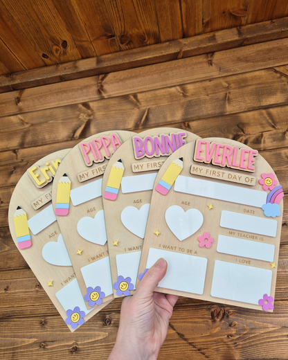 Personalised Pastel Rainbow Back to School Board - Reusable Wooden and Acrylic Sign