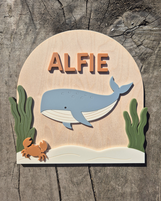 Whale Birth Announcement - Wooden and Acrylic Personalised Name Sign