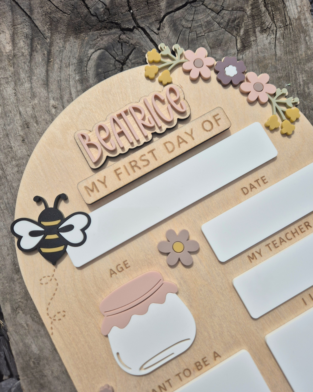 Personalised Floral Honeybee Back to School Board - Reusable Wooden and Acrylic Sign