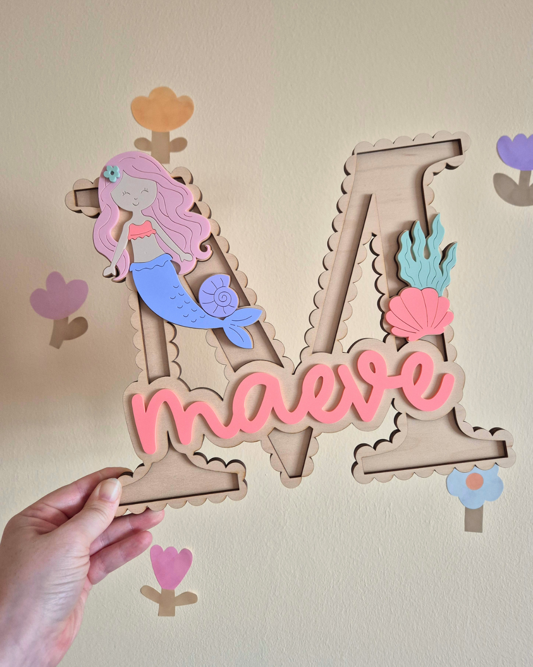 Mermaid and Shells Scallop Monogram - Personalised Wooden and Acrylic Name Sign