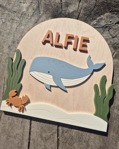 Whale Birth Announcement - Wooden and Acrylic Personalised Name Sign