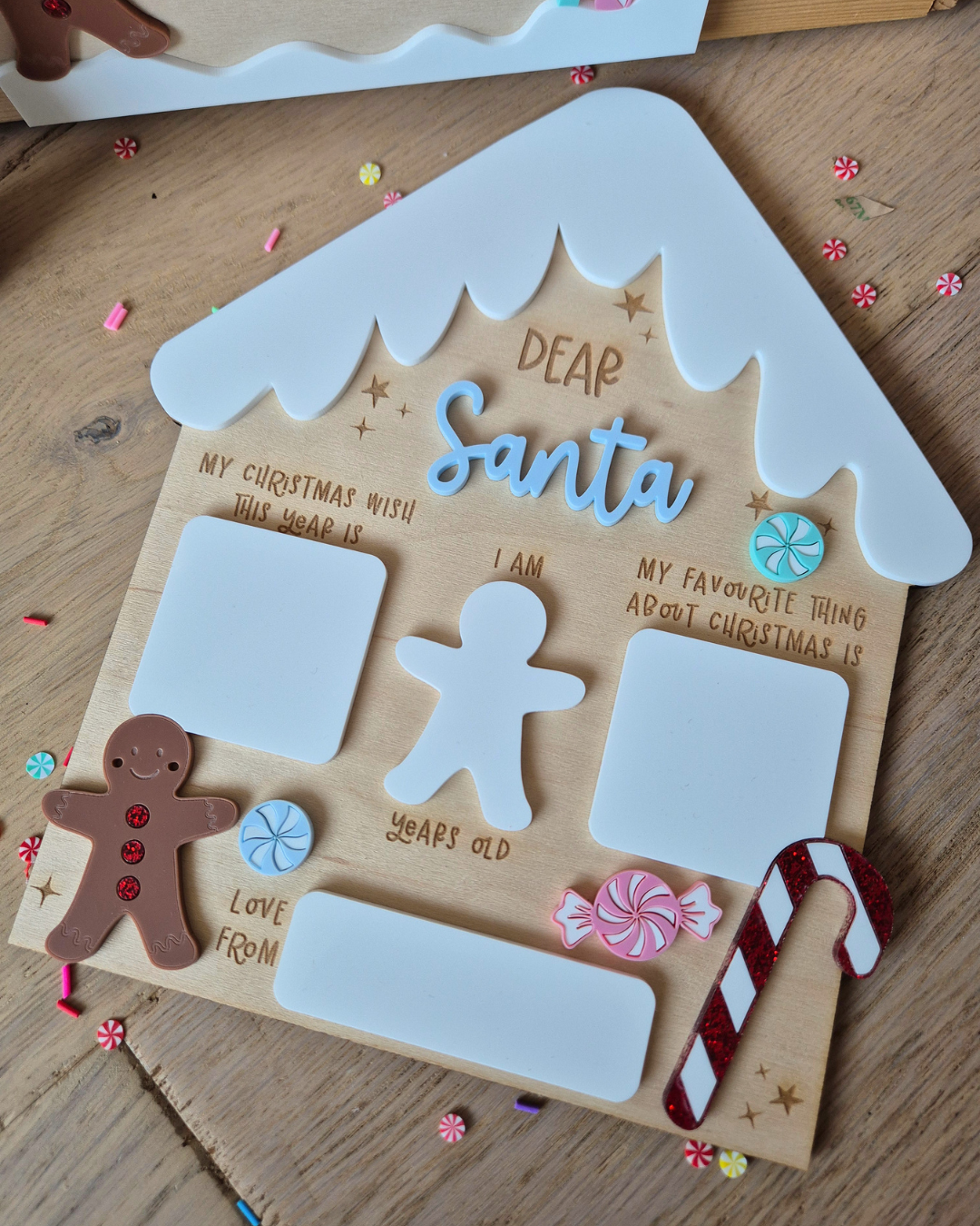 Gingerbread Dear Santa Wish List Board - Wooden and Acrylic Photo Prop