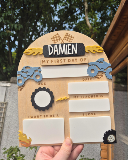 Personalised Monster Truck Back to School Board - Reusable Wooden and Acrylic Sign