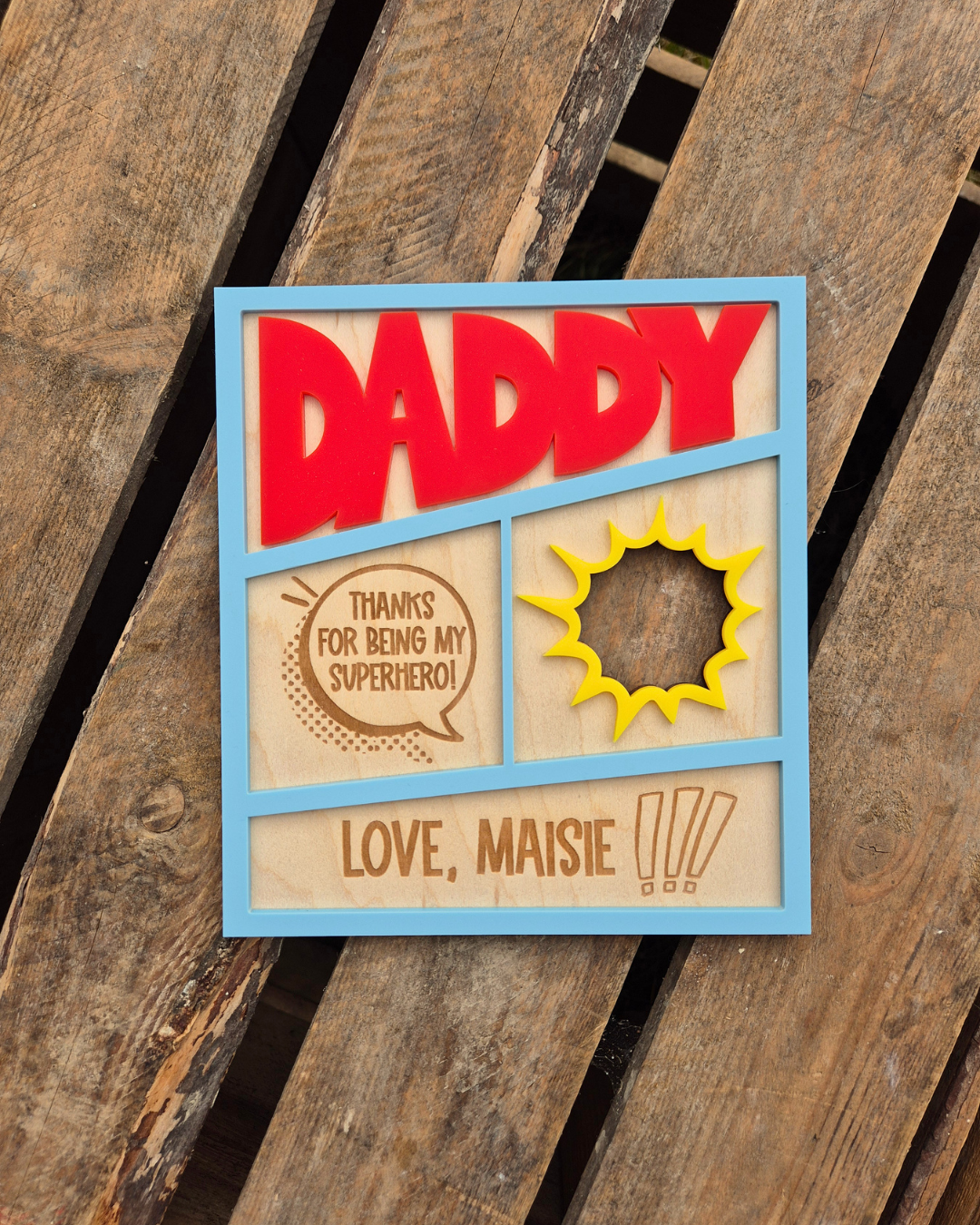 Superhero Comic Theme Photo Frame Card - Wooden and Acrylic Personalised Father's Day Gift