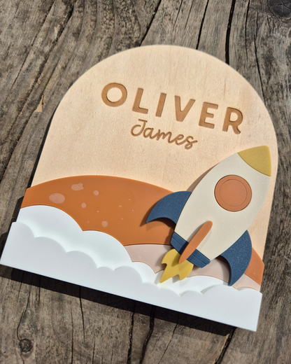Space Rocket Birth Announcement - Wooden and Acrylic Personalised Name Sign