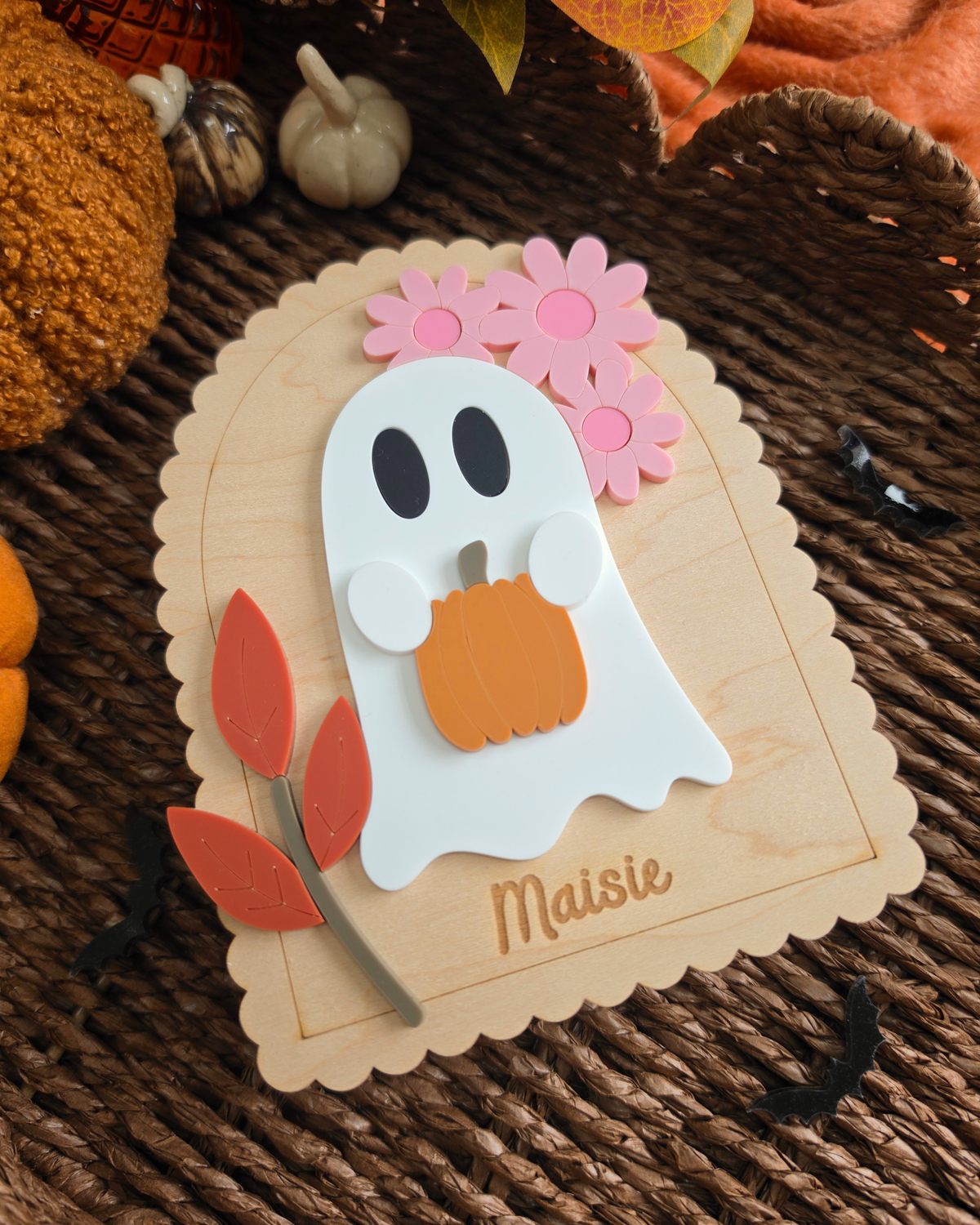 Floral Ghost Wooden Shelf Sitter - Personalised Acrylic Boo Basket Plaque