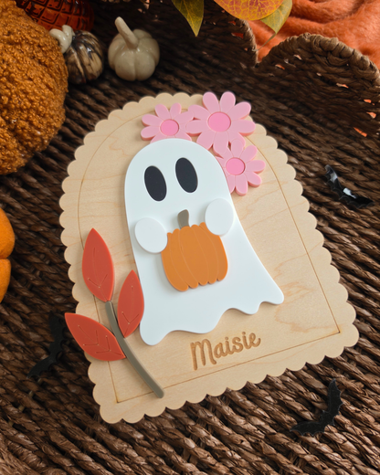 Floral Ghost Wooden Shelf Sitter - Personalised Acrylic Boo Basket Plaque