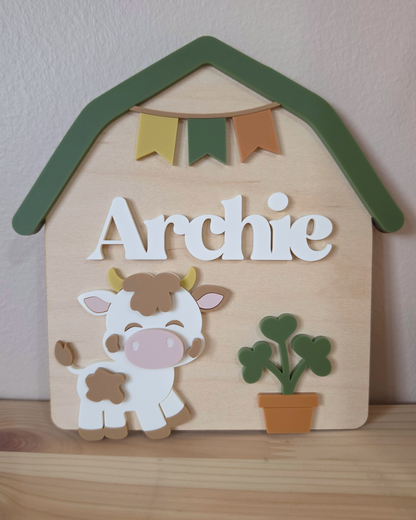 Personalised Cow Barn Name Sign - Farm-themed Nursery and Playroom Shelf Sitter and Door Sign