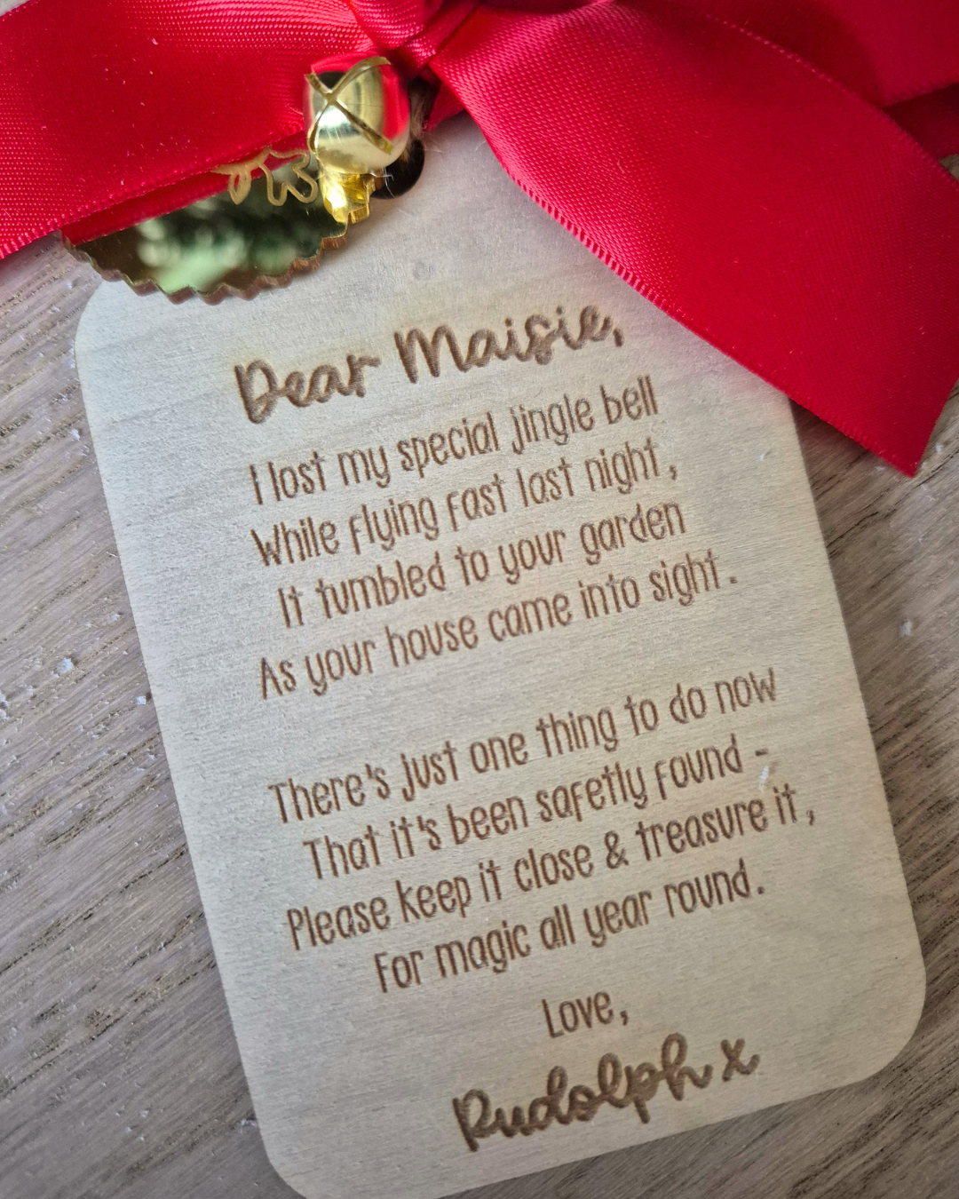 Rudolph's Lost Jingle Bell Ornament - Personalised Wooden Hanging Decoration