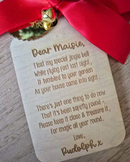 Rudolph's Lost Jingle Bell Ornament - Personalised Wooden Hanging Decoration