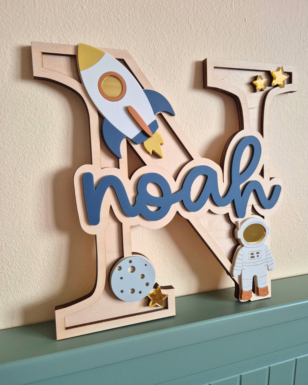 Rocket and Astronaut Monogram - Personalised Wooden and Acrylic Name Sign