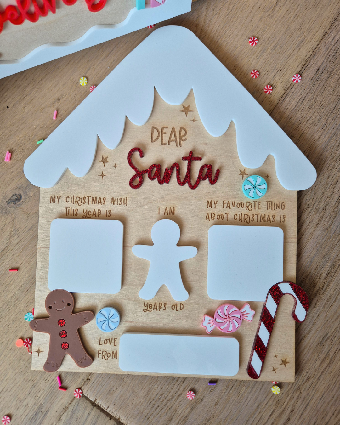 Gingerbread Dear Santa Wish List Board - Wooden and Acrylic Photo Prop