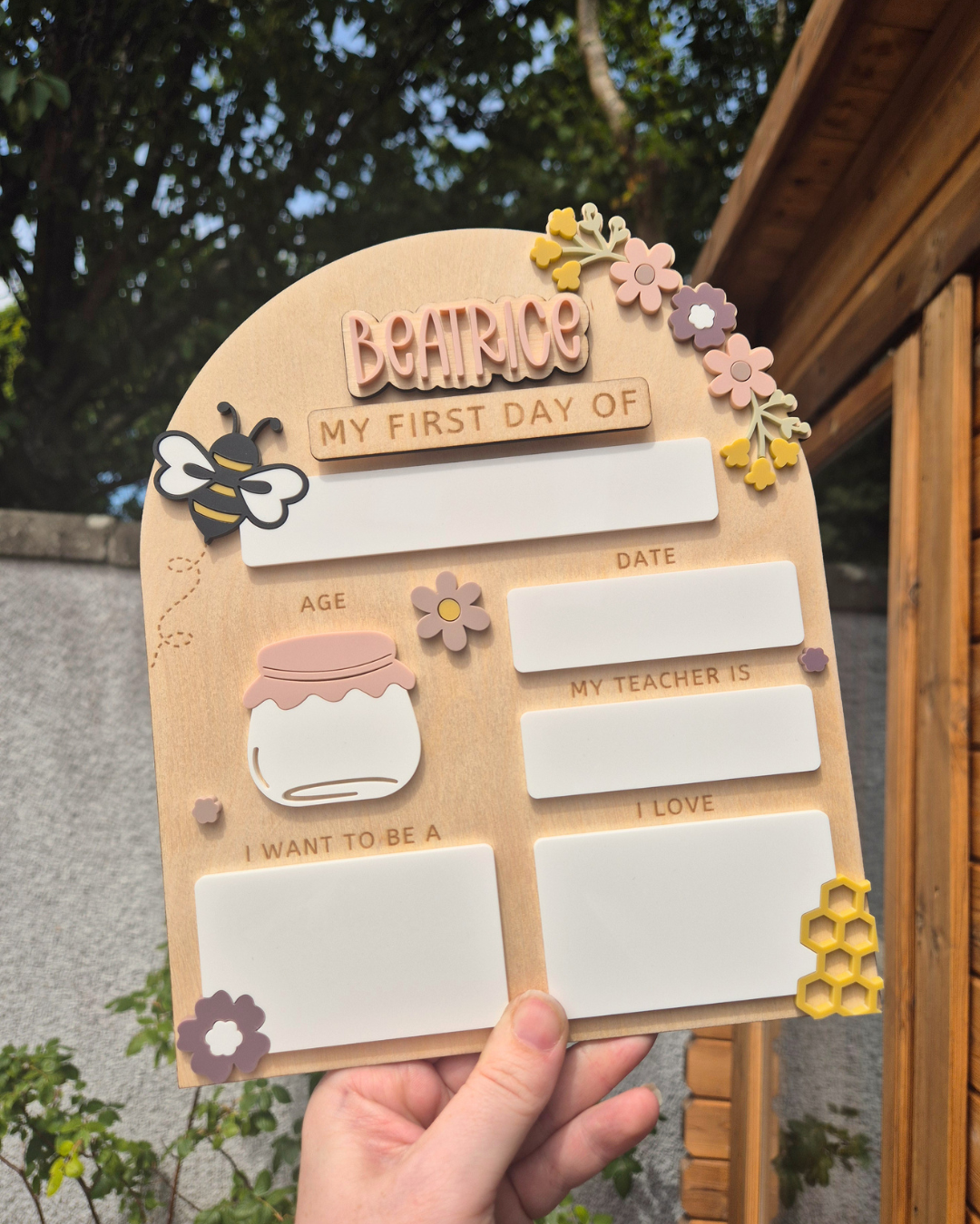 Personalised Floral Honeybee Back to School Board - Reusable Wooden and Acrylic Sign