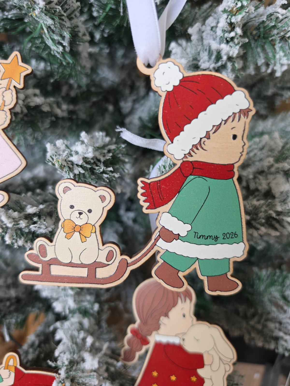 * LIMITED EDITION * Personalised Storybook Girls and Boys Tree Decorations - Printed Wooden Ornaments