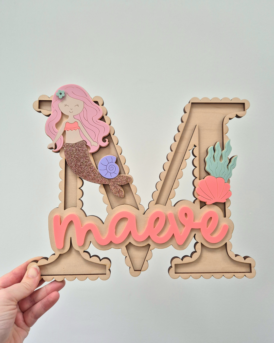 Mermaid and Shells Scallop Monogram - Personalised Wooden and Acrylic Name Sign