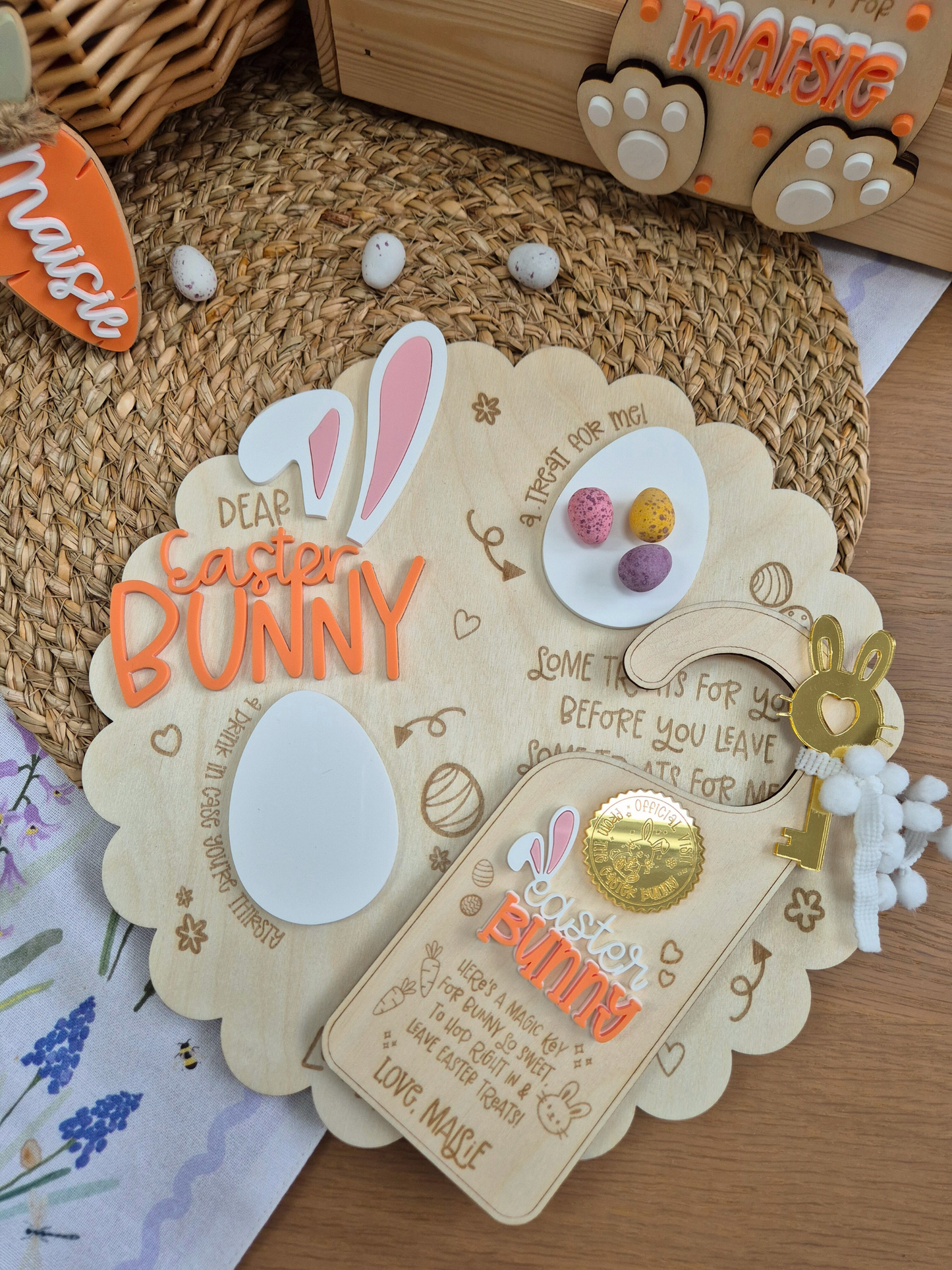 Easter Bunny Treats Board - Personalised Scallop Edge Wooden and Acrylic Decoration
