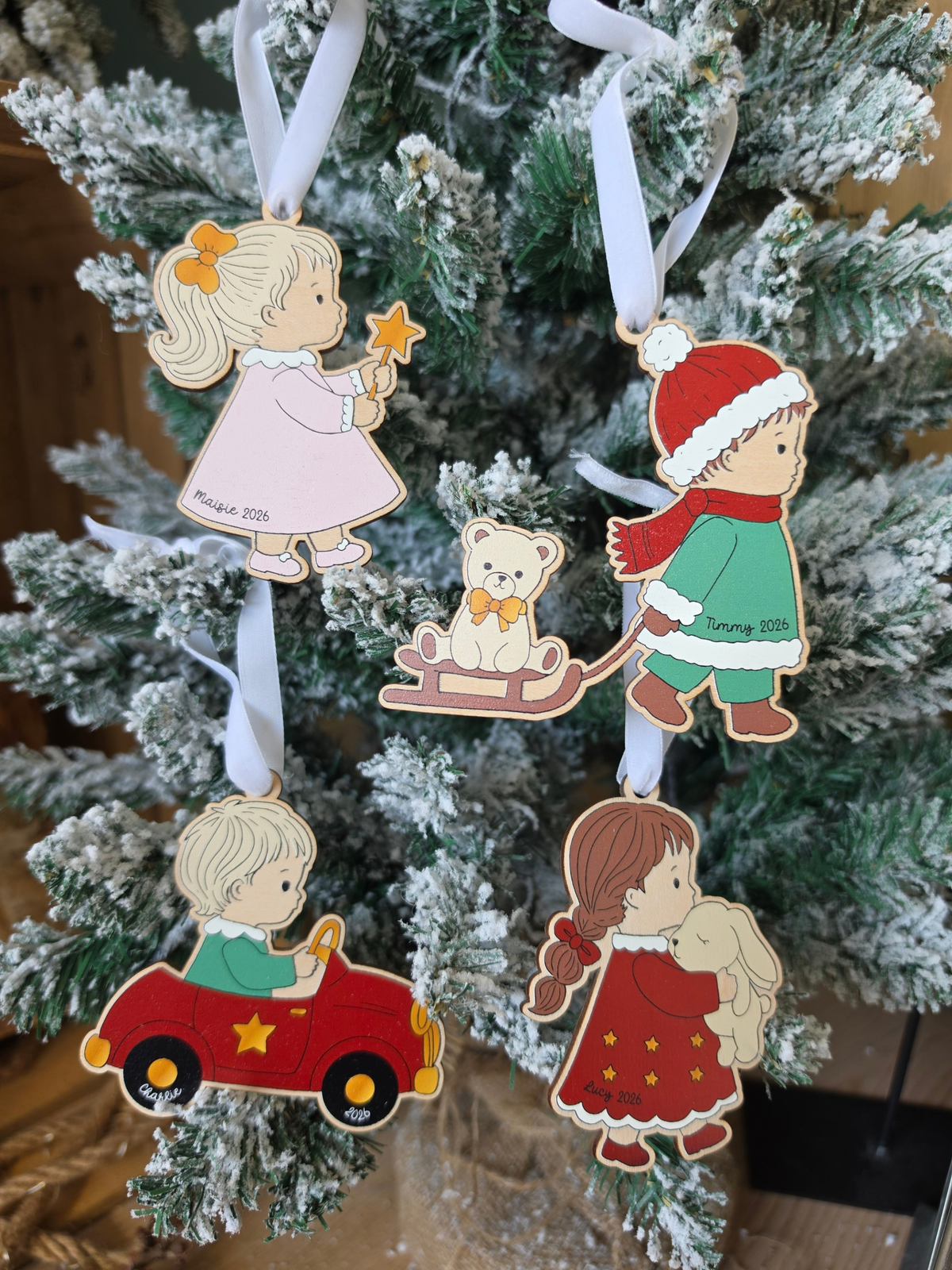 * LIMITED EDITION * Personalised Storybook Girls and Boys Tree Decorations - Printed Wooden Ornaments