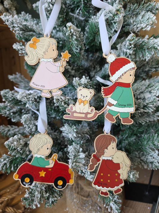 * LIMITED EDITION * Personalised Storybook Girls and Boys Tree Decorations - Printed Wooden Ornaments
