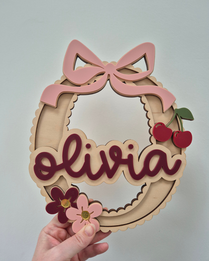 Coquette Bow, Cherry and Flower Scallop Monogram - Personalised Wooden and Acrylic Name Sign