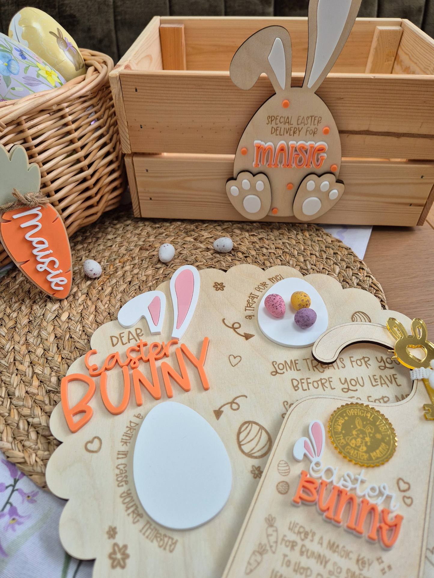 Easter Bunny Treats Board - Personalised Scallop Edge Wooden and Acrylic Decoration