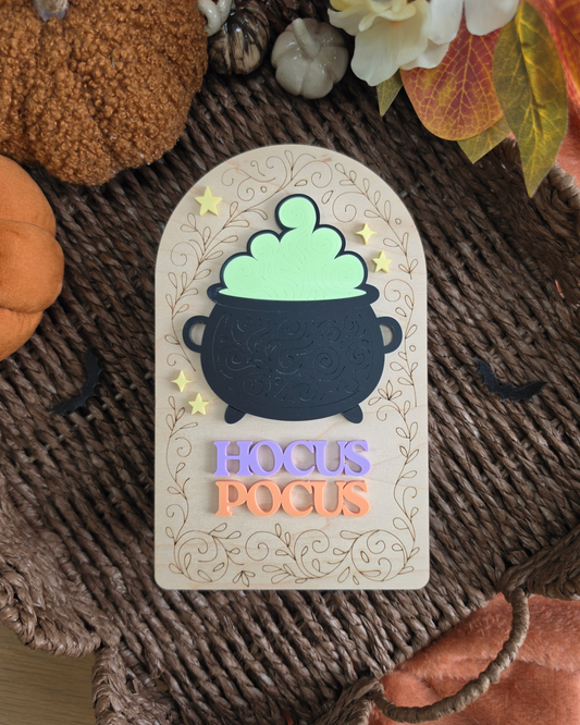 Hocus Pocus Cauldron Shelf Sitter - Engraved Wood and Acrylic Halloween Sign
