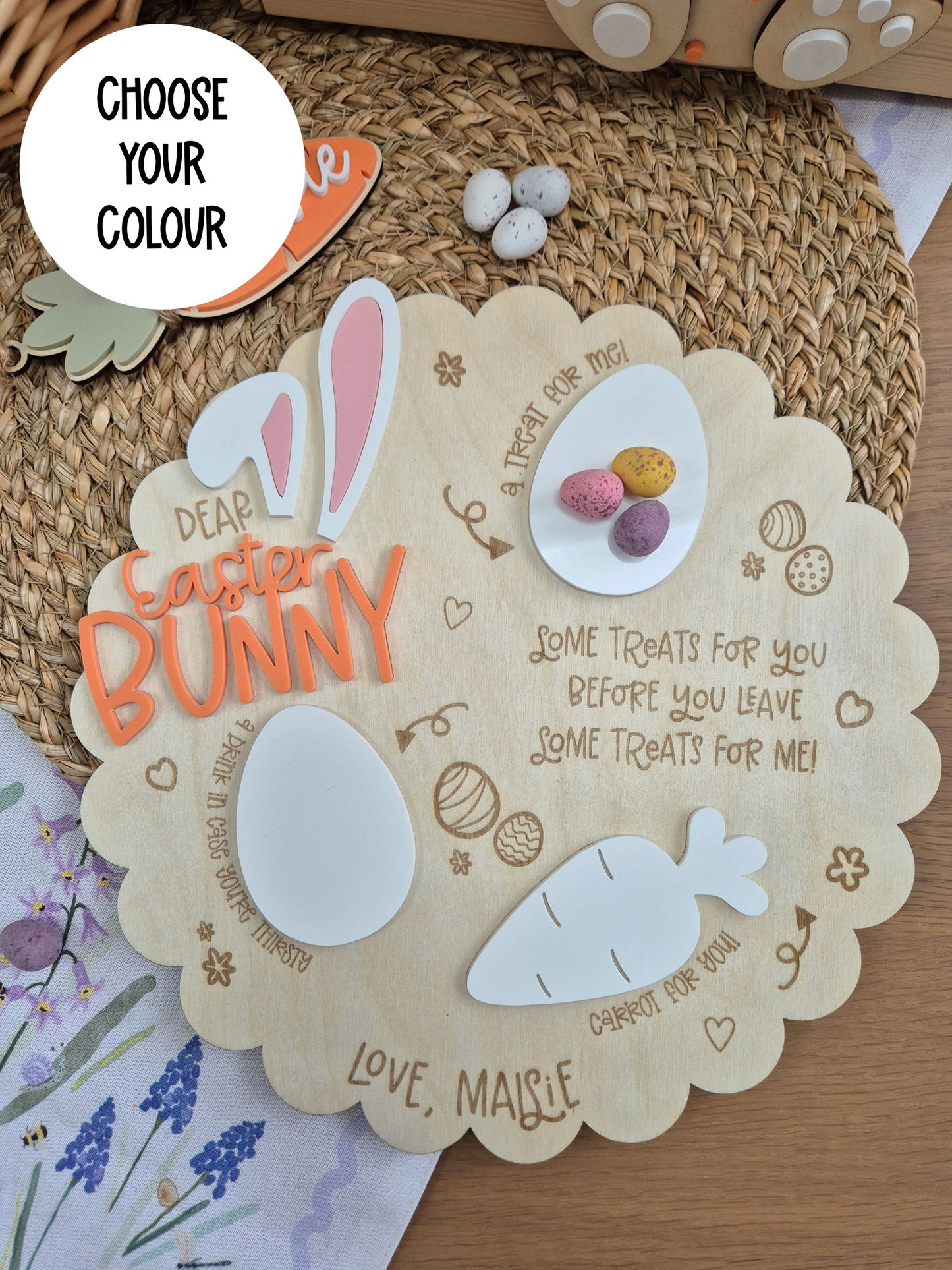 Easter Bunny Treats Board - Personalised Scallop Edge Wooden and Acrylic Decoration