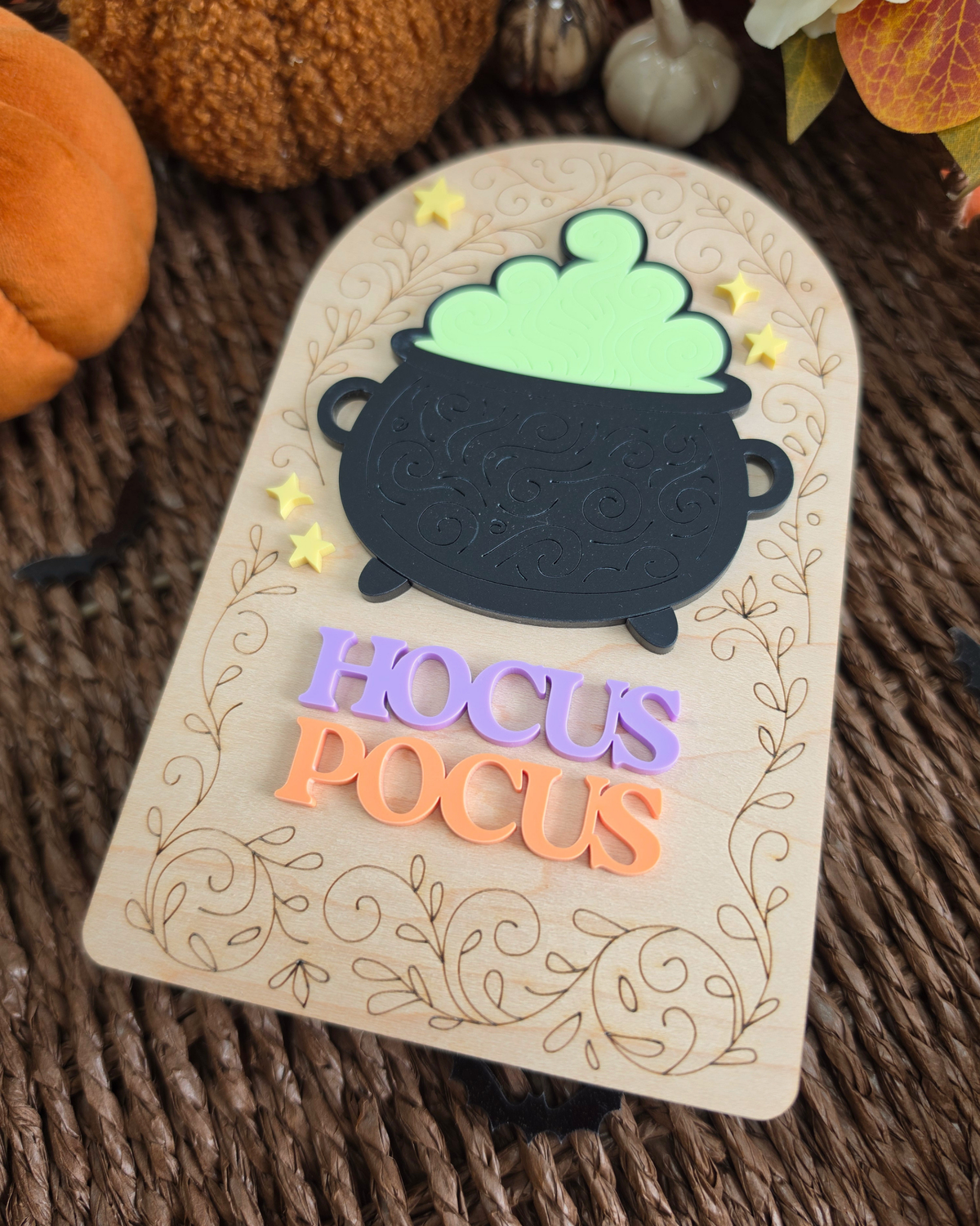 Hocus Pocus Cauldron Shelf Sitter - Engraved Wood and Acrylic Halloween Sign