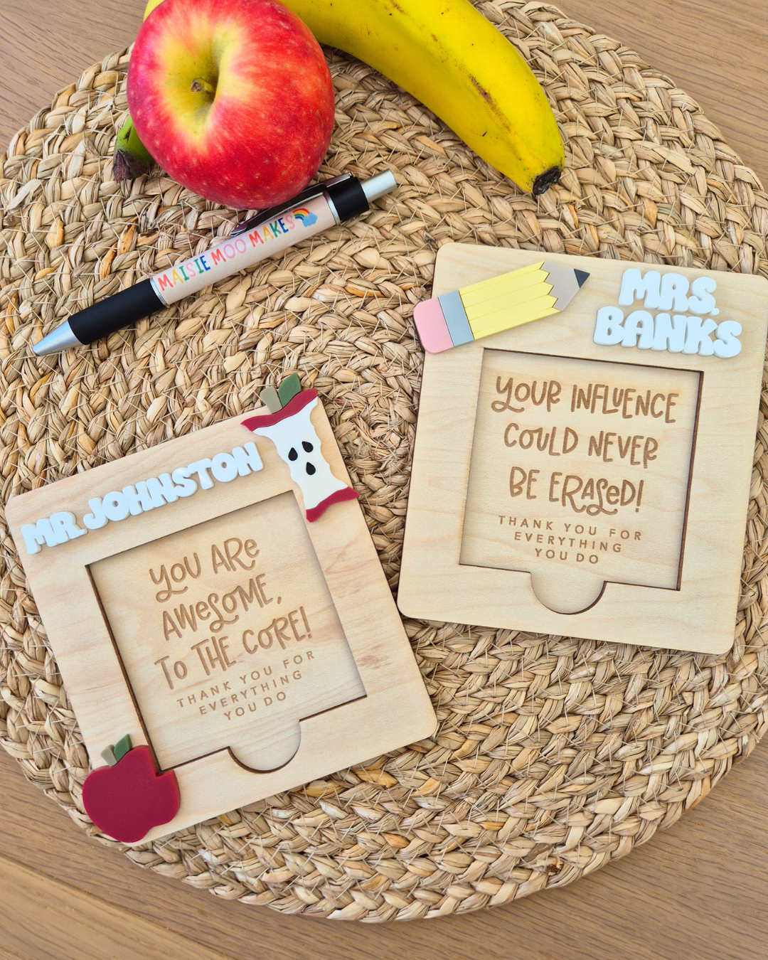 Teacher Sticky Notes and Holder - Apple and Pencil Themed Personalised Gift