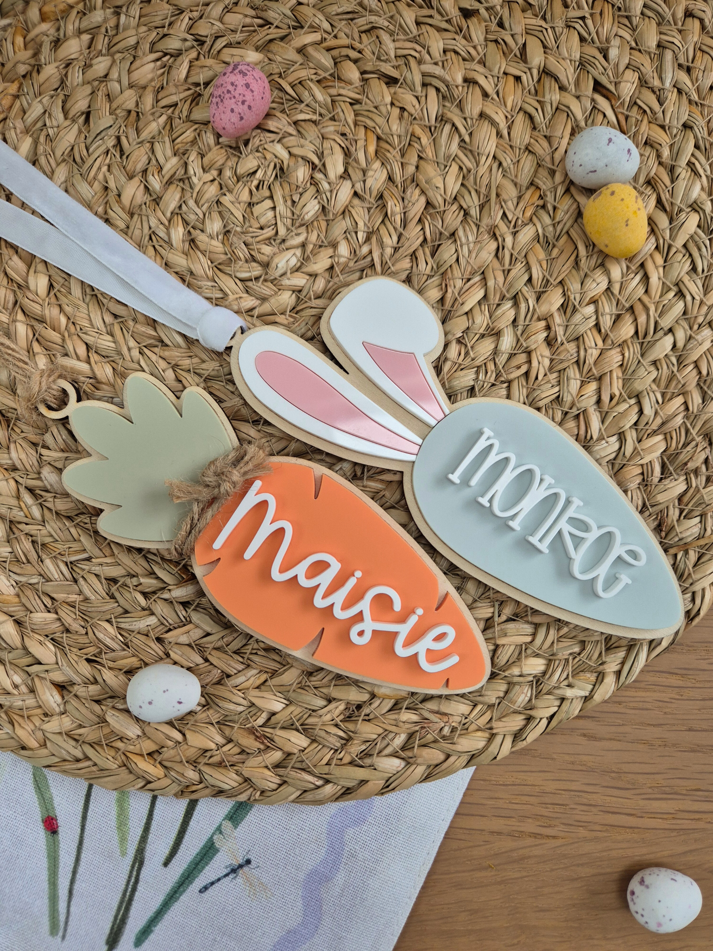 Bunny Ears Carrot Easter Basket Name Tag - Personalised Wooden and Acrylic Keepsake