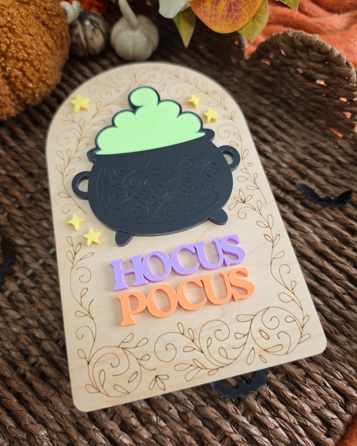 Hocus Pocus Cauldron Shelf Sitter - Engraved Wood and Acrylic Halloween Sign