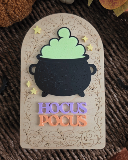 Hocus Pocus Cauldron Shelf Sitter - Engraved Wood and Acrylic Halloween Sign